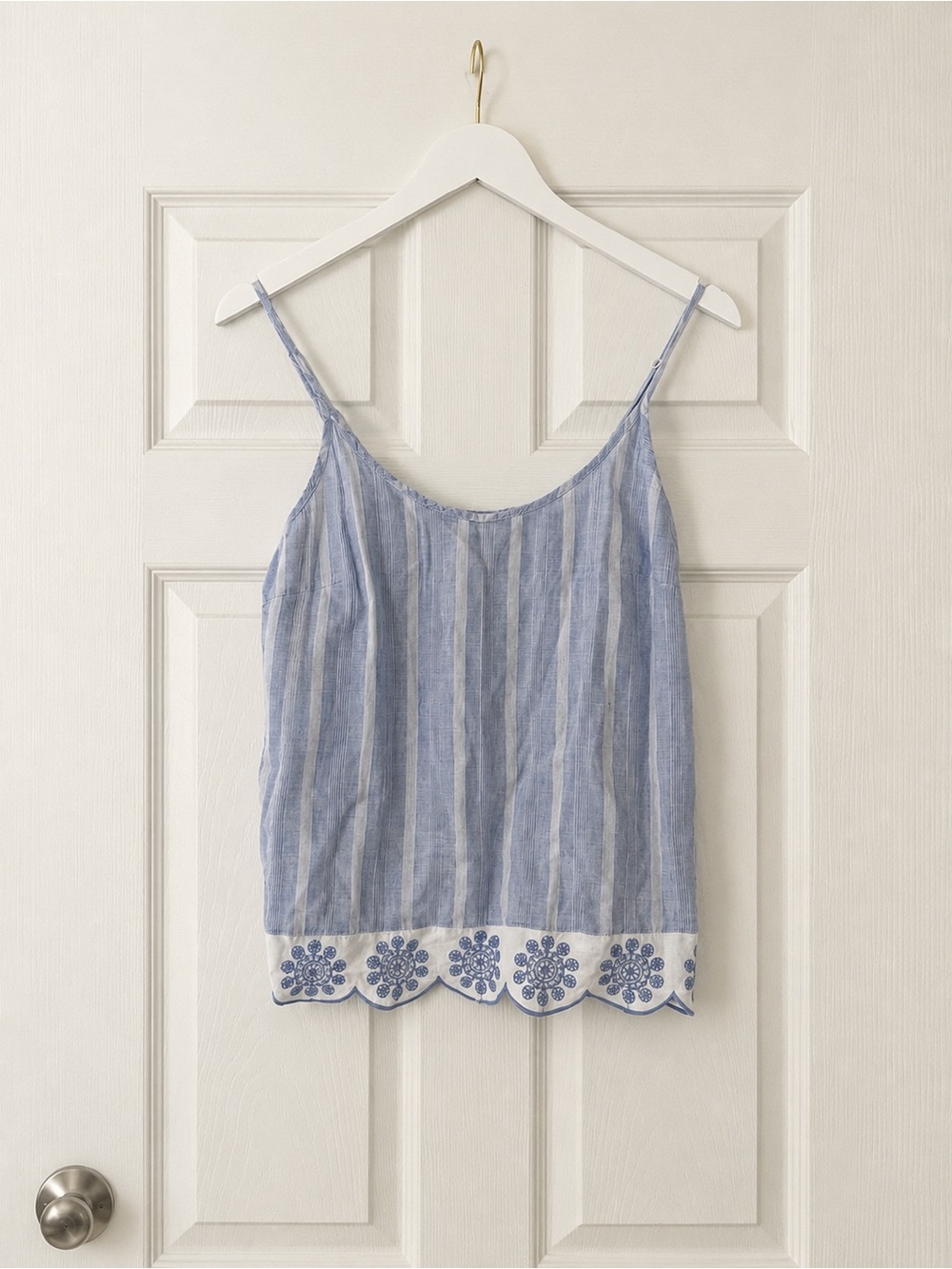 Light Blue Striped Embroidered Hem Spaghetti Strap Camisole Boho Festival medium
